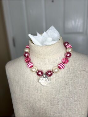 Chunky Pink & White Bubblegum Bead Necklace Faux Diamond Pendant Y2K